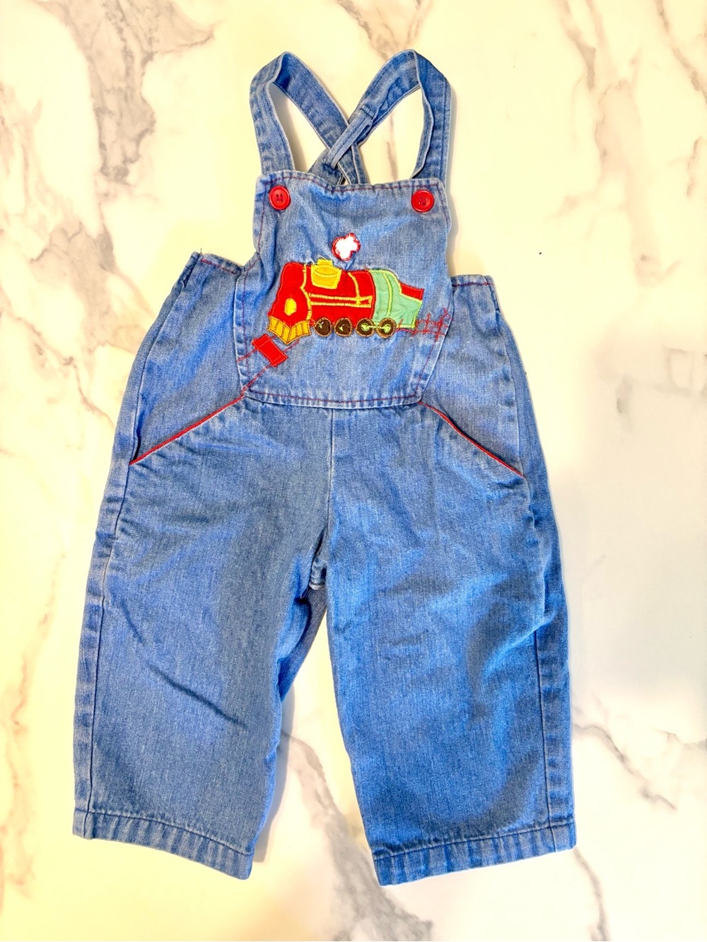 Vintage Blue Denim Baby Overalls with Red & Green Train Patch